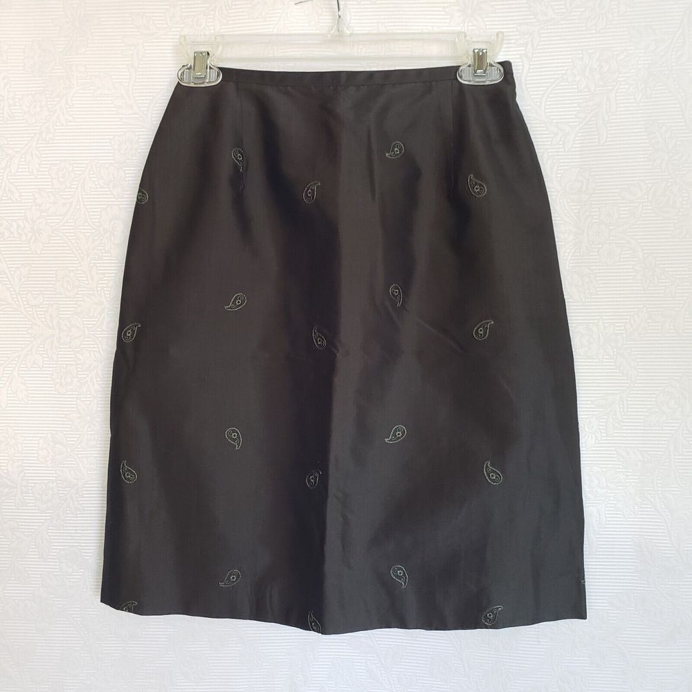 Casual Corner 100% Silk Skirt Sz. 2 Dark Gray Paisley Embroidery Slit Back Lined